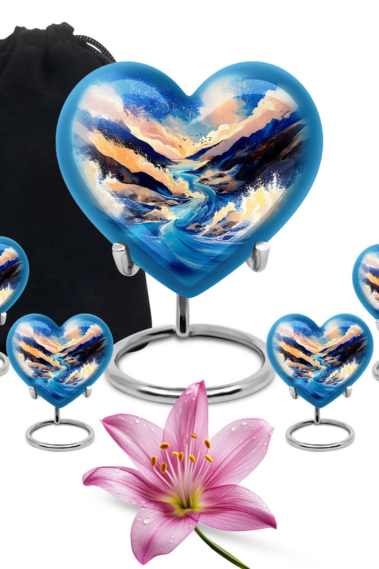 Misty Blue Blue Cremation Urn close-up of engraving and surface detail - heart-shaped blue design symbolizing eternal love - memorial set with one large and four small urns