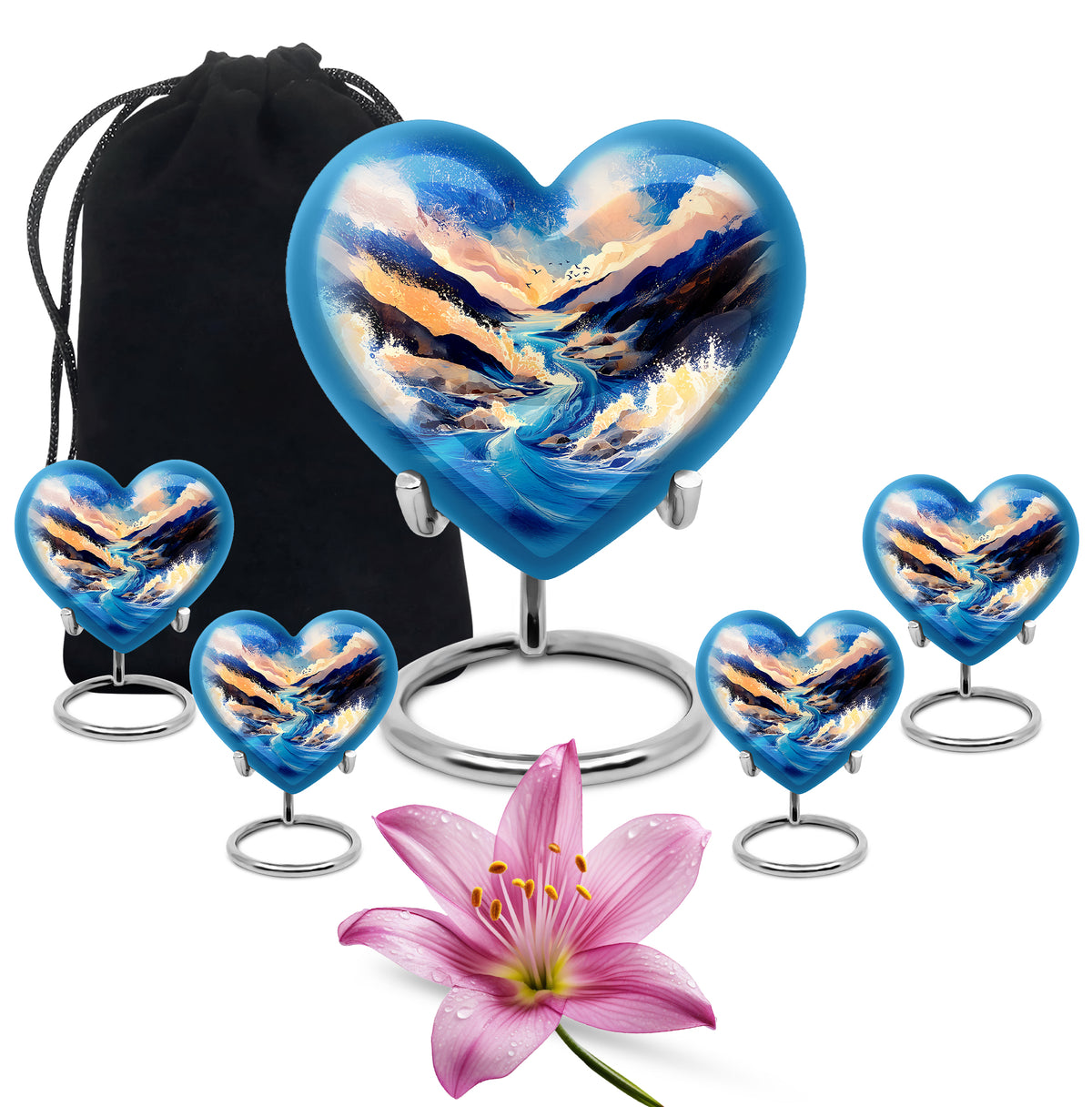 Misty Blue Blue Cremation Urn close-up of engraving and surface detail - heart-shaped blue design symbolizing eternal love - memorial set with one large and four small urns
