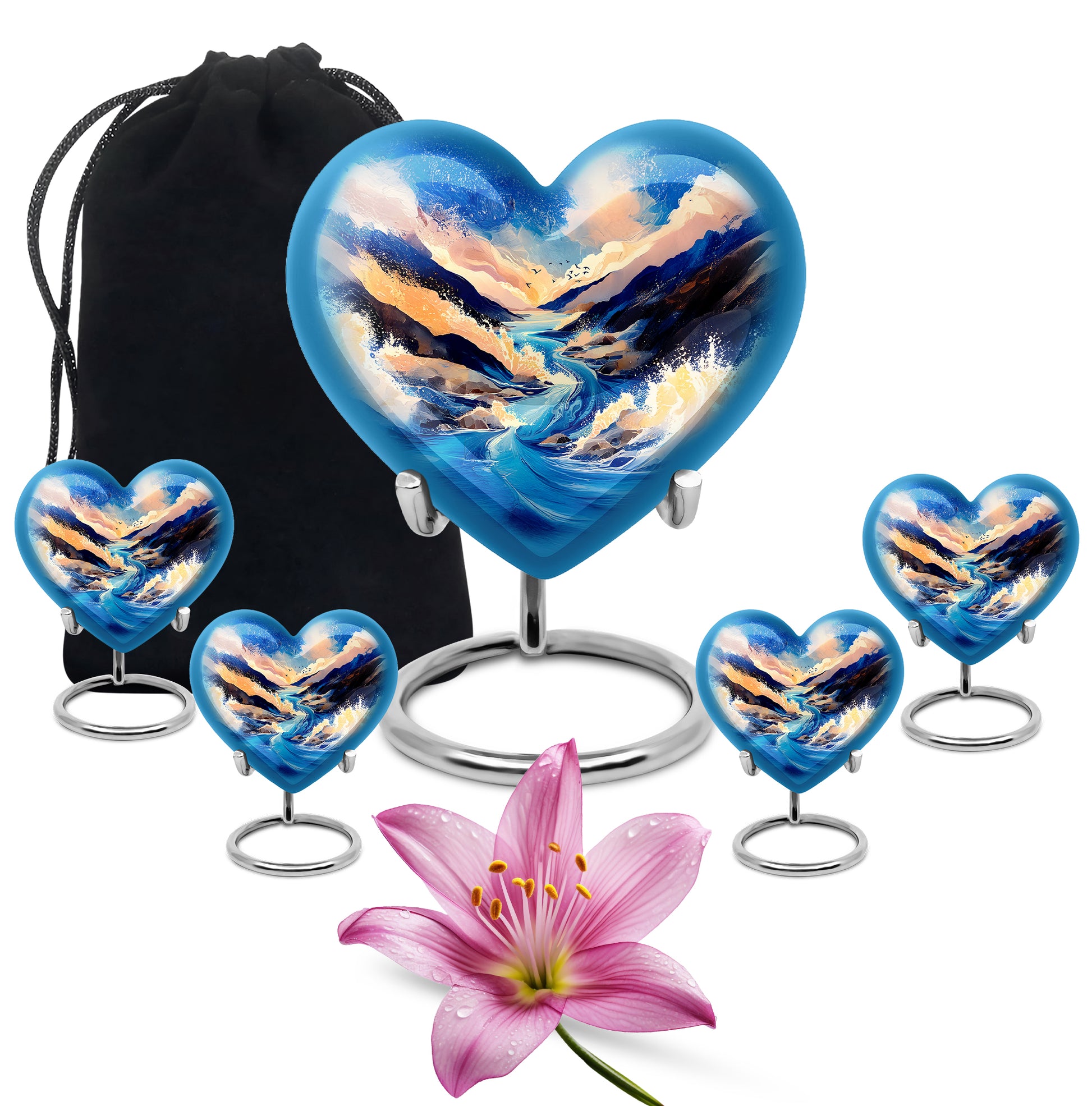 Misty Blue Blue Cremation Urn close-up of engraving and surface detail - heart-shaped blue design symbolizing eternal love - memorial set with one large and four small urns
