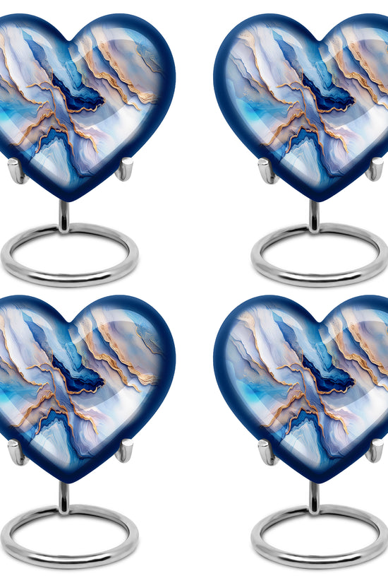 Pastel Blue Blue Cremation Urn angled view of lid and engraved motif - loving heart memorial featuring blue pattern - 10 inch aluminum urn for cremated remains