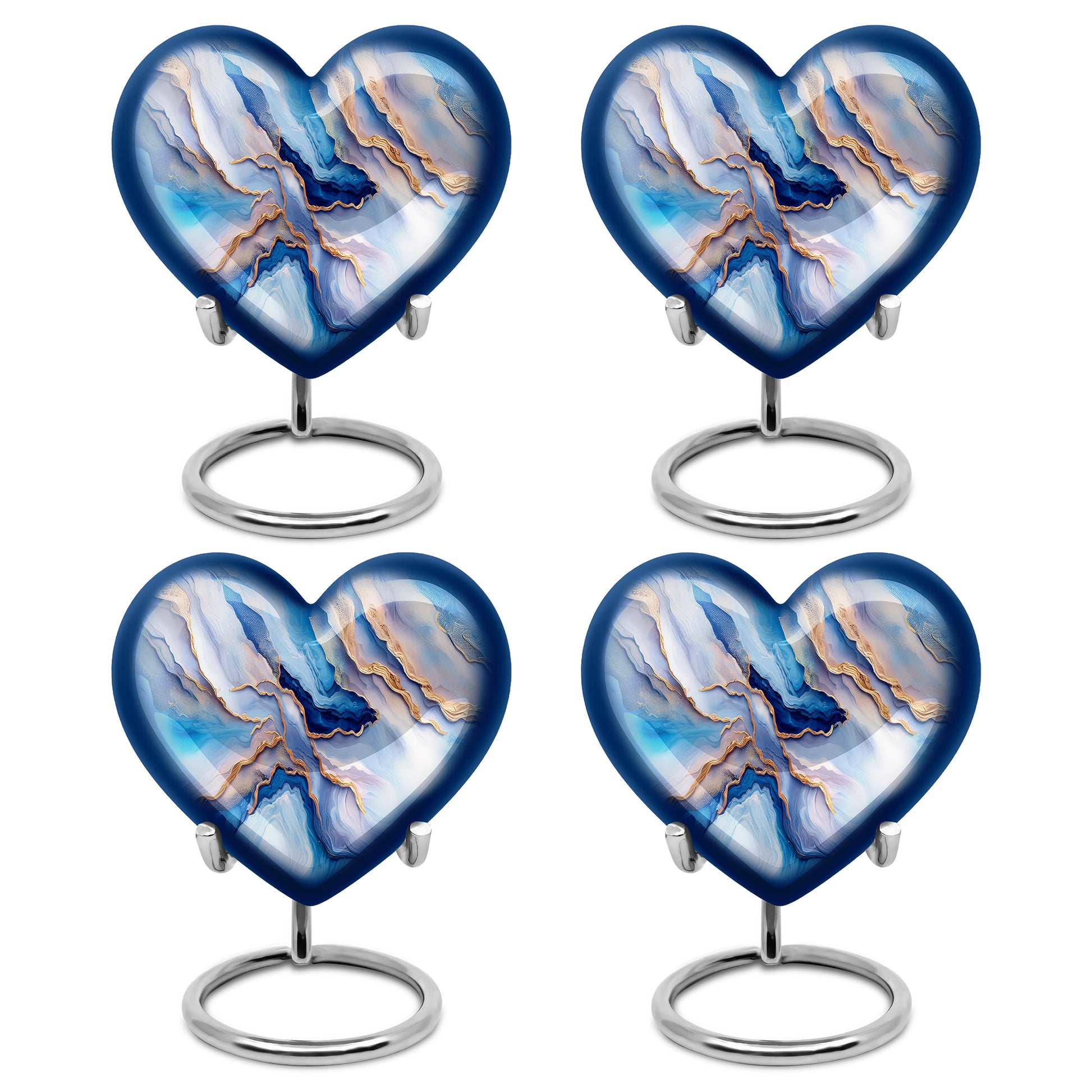 Pastel Blue Blue Cremation Urn angled view of lid and engraved motif - loving heart memorial featuring blue pattern - 10 inch aluminum urn for cremated remains