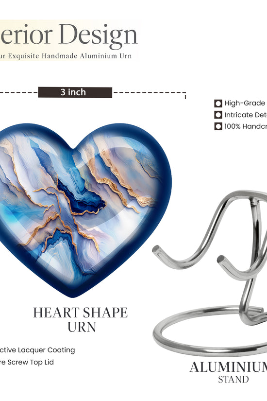 Cobalt Blue Blue Cremation Urn front view showing detailed design - compassionate heart-blue combination with gentle curves - mini keepsake memorial for portion of cremation ashes
