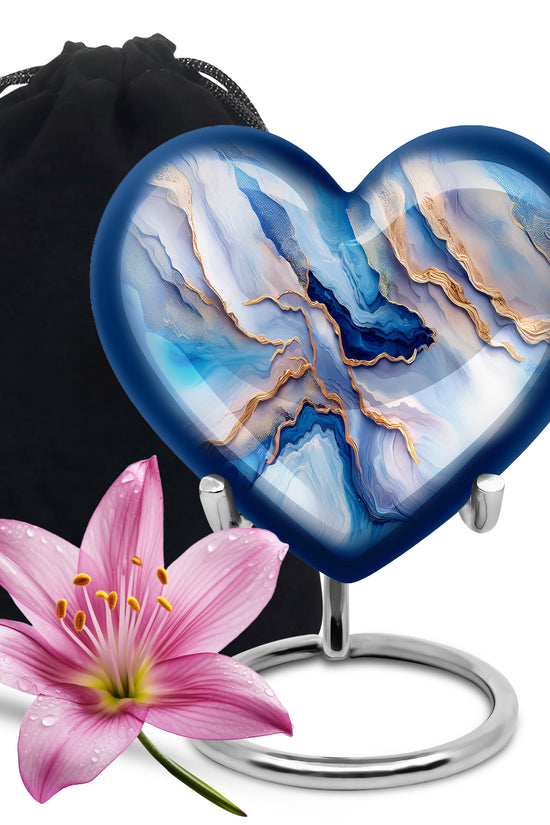 Dusty Blue Blue Cremation Urn detail view - heart-shaped blue design symbolizing eternal love - full-size 10 inch 200 cubic inch adult cremation urn