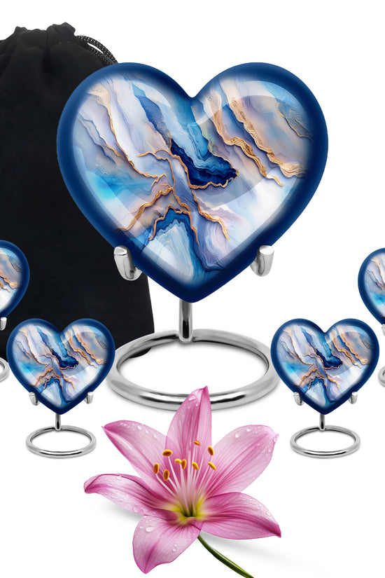 Royal Blue Blue Cremation Urn close-up of engraving and surface detail - compassionate heart-blue combination with gentle curves - memorial set with one large and four small urns
