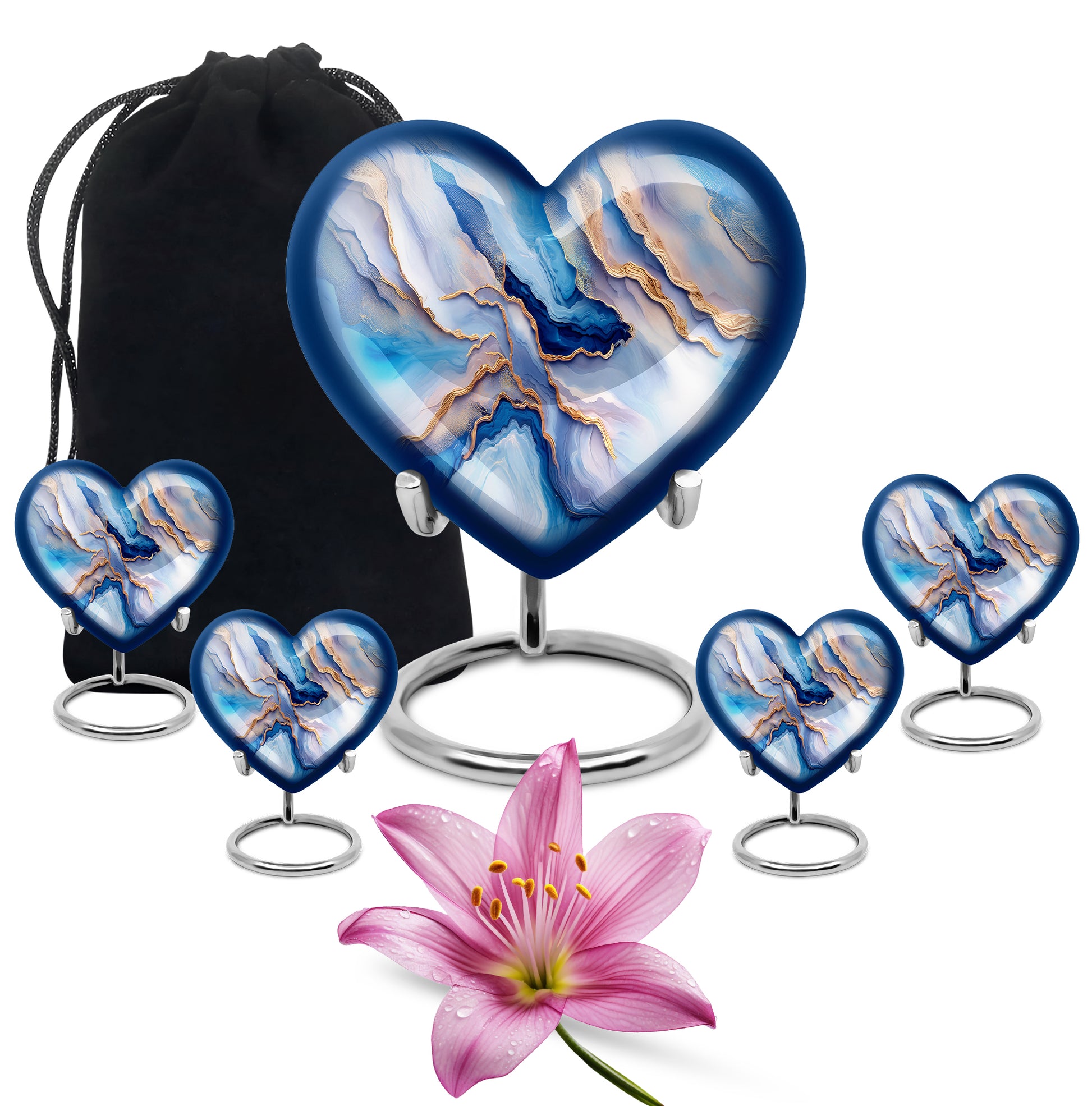 Royal Blue Blue Cremation Urn close-up of engraving and surface detail - compassionate heart-blue combination with gentle curves - memorial set with one large and four small urns