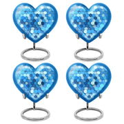Navy Blue Blue Cremation Urn angled view of lid and engraved motif - loving heart memorial featuring blue pattern - 10 inch aluminum urn for cremated remains