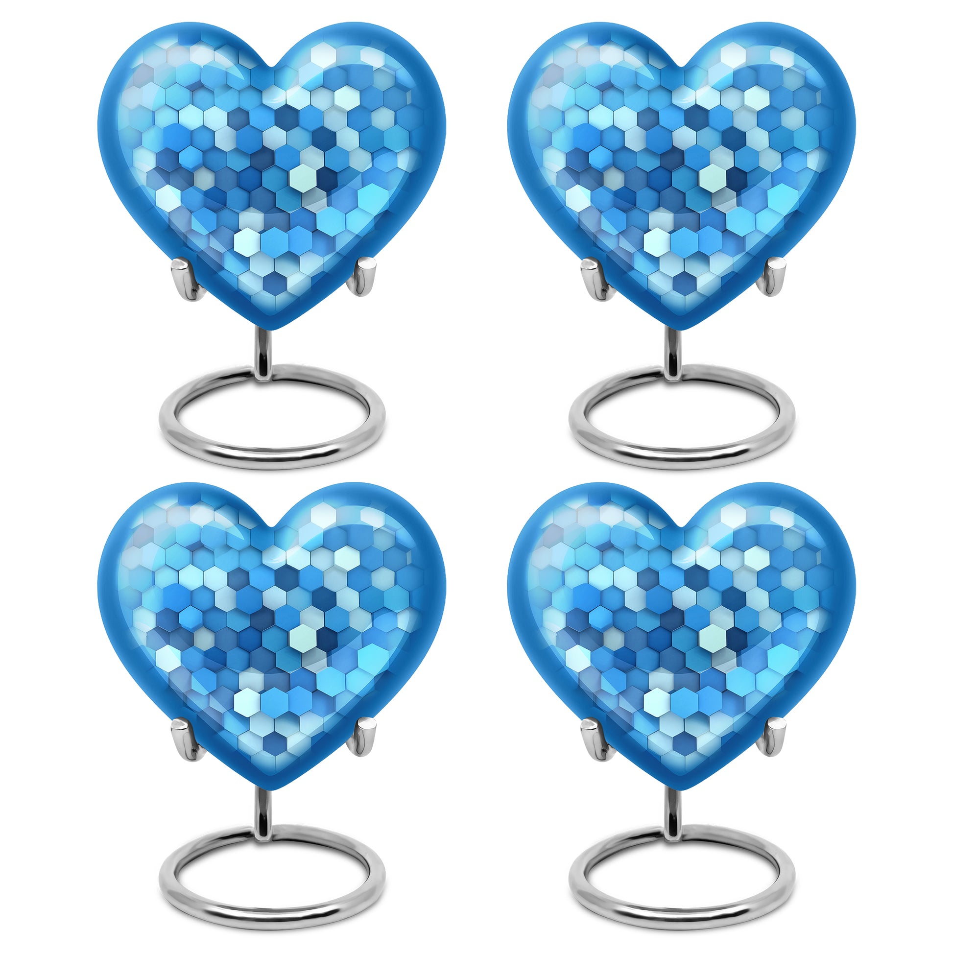 Navy Blue Blue Cremation Urn angled view of lid and engraved motif - loving heart memorial featuring blue pattern - 10 inch aluminum urn for cremated remains