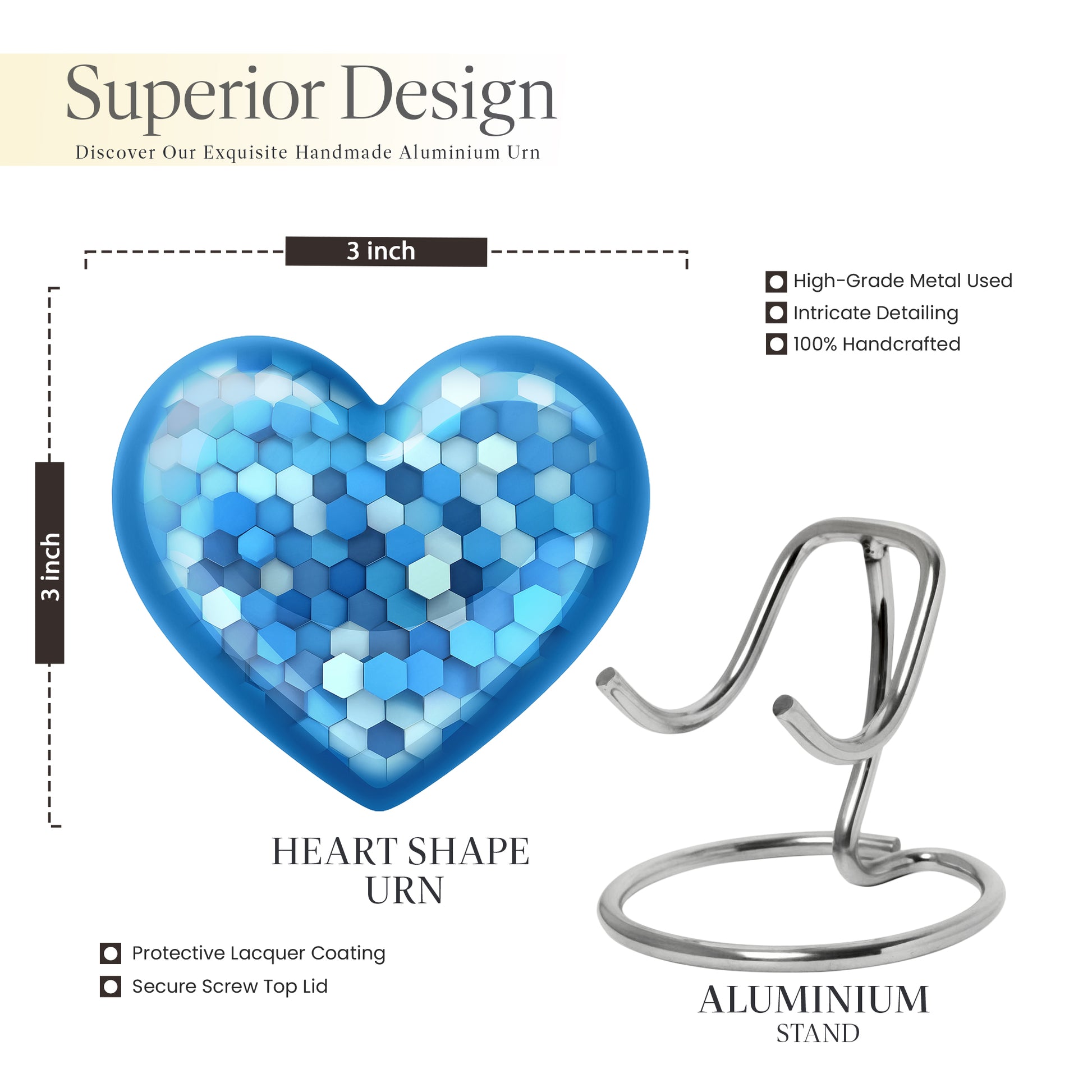 Serene Blue Blue Cremation Urn front view showing detailed design - romantic heart urn with blue motif on aluminum - mini keepsake memorial for portion of cremation ashes