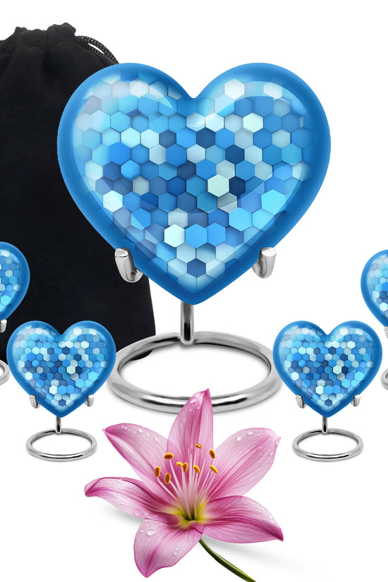 Slate Blue Blue Cremation Urn close-up of engraving and surface detail - loving heart memorial featuring blue pattern - memorial set with one large and four small urns