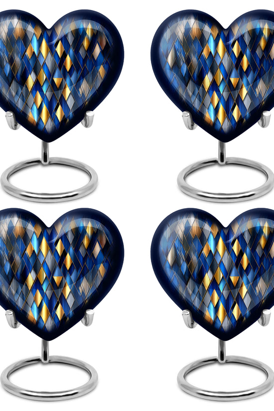 Pastel Blue Blue Cremation Urn angled view of lid and engraved motif - heart-shaped blue design symbolizing eternal love - 10 inch aluminum urn for cremated remains