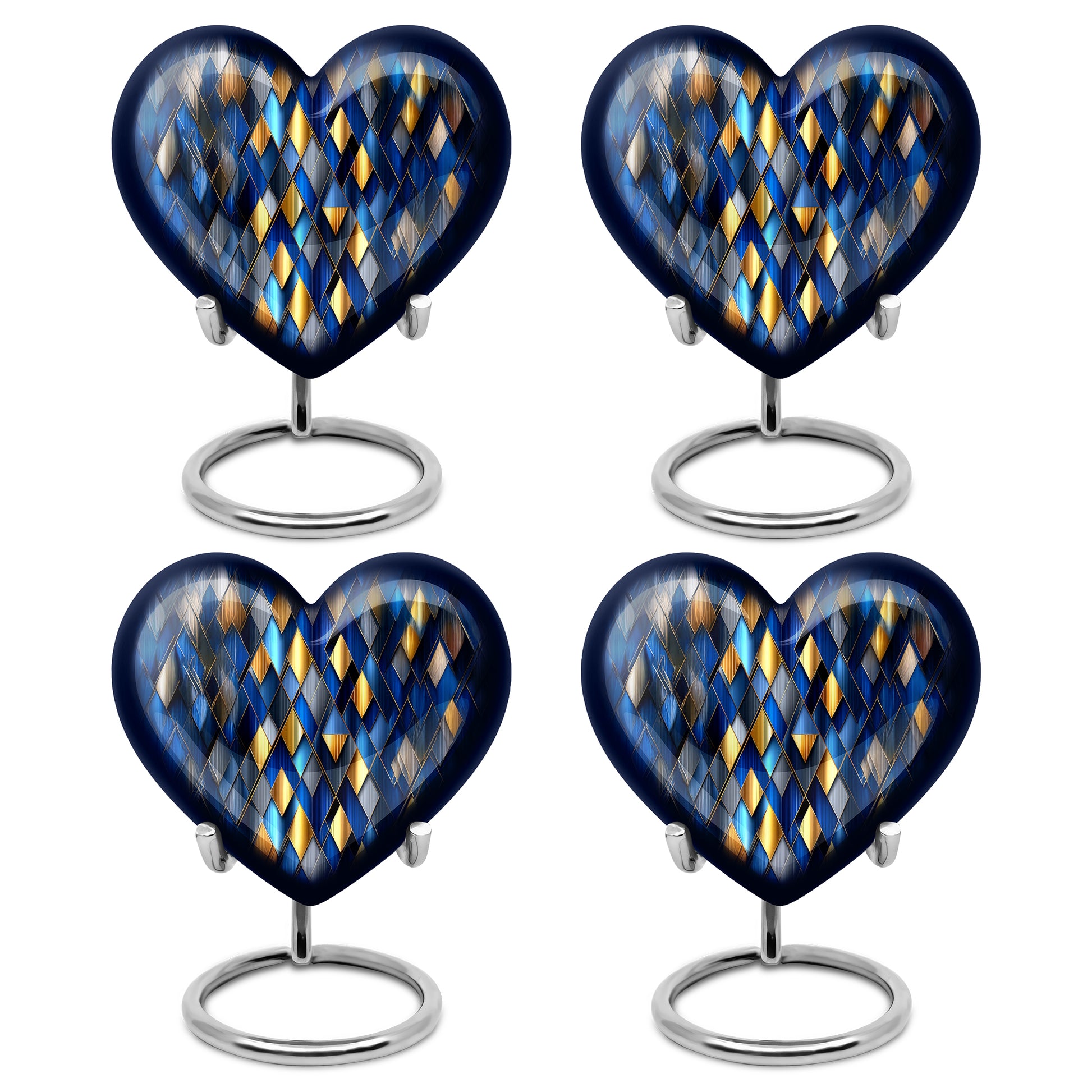 Pastel Blue Blue Cremation Urn angled view of lid and engraved motif - heart-shaped blue design symbolizing eternal love - 10 inch aluminum urn for cremated remains