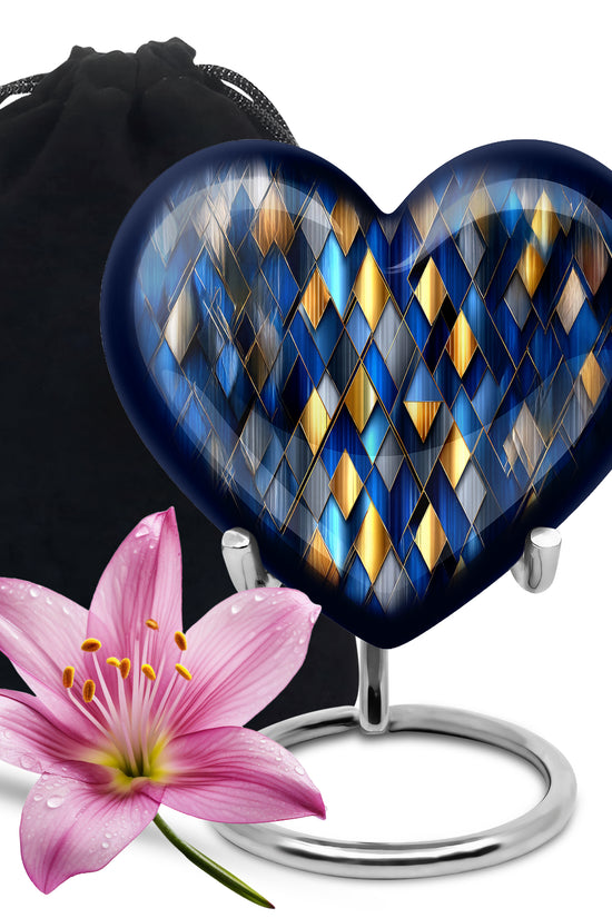Slate Blue Blue Cremation Urn detail view - loving heart memorial featuring blue pattern - full-size 10 inch 200 cubic inch adult cremation urn