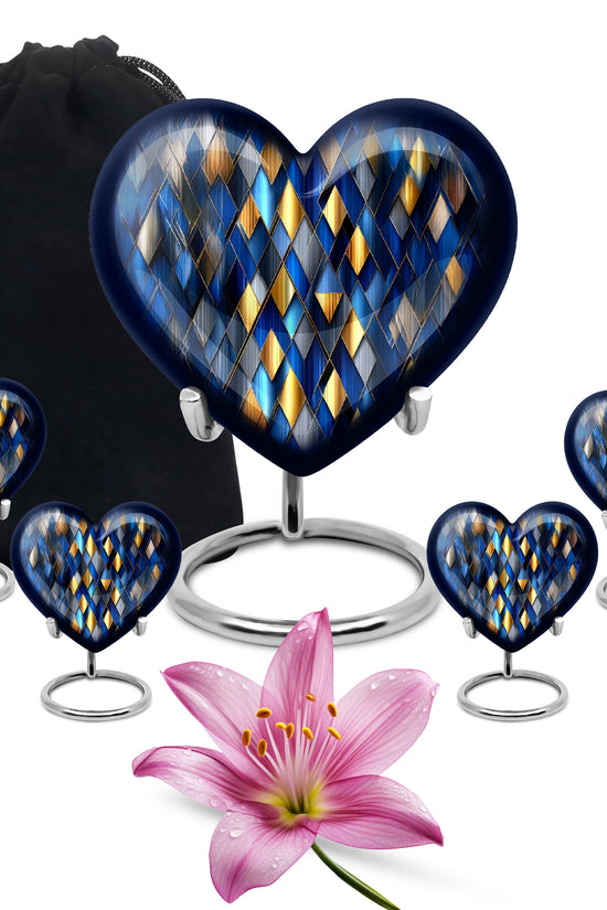 Royal Blue Blue Cremation Urn close-up of engraving and surface detail - compassionate heart-blue combination with gentle curves - memorial set with one large and four small urns