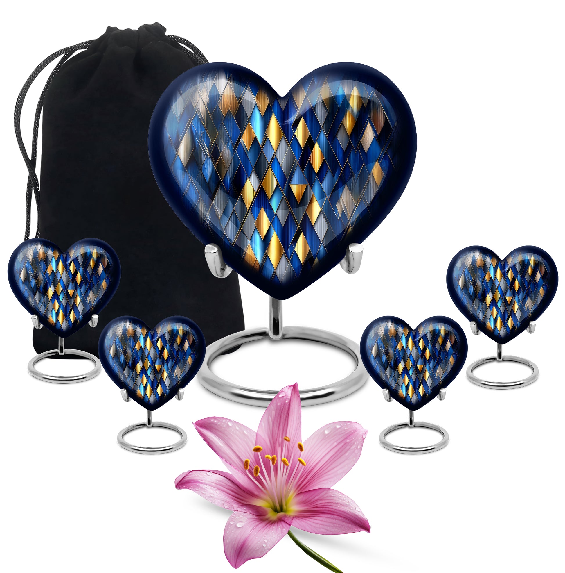 Royal Blue Blue Cremation Urn close-up of engraving and surface detail - compassionate heart-blue combination with gentle curves - memorial set with one large and four small urns