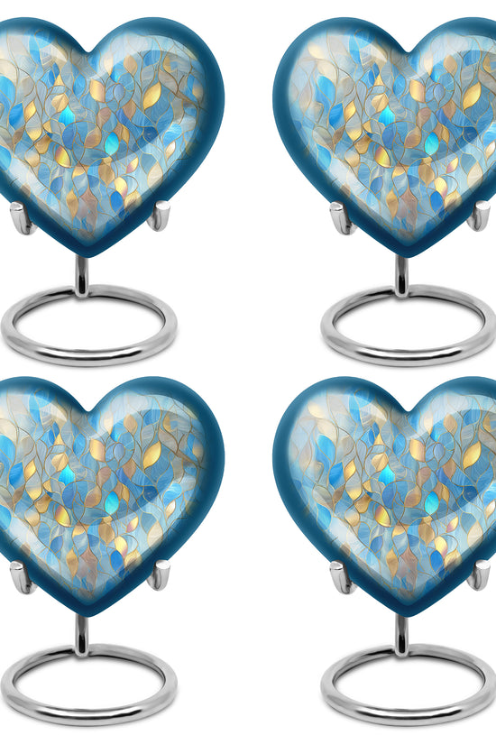Soft Blue Blue Cremation Urn angled view of lid and engraved motif - compassionate heart-blue combination with gentle curves - 10 inch aluminum urn for cremated remains
