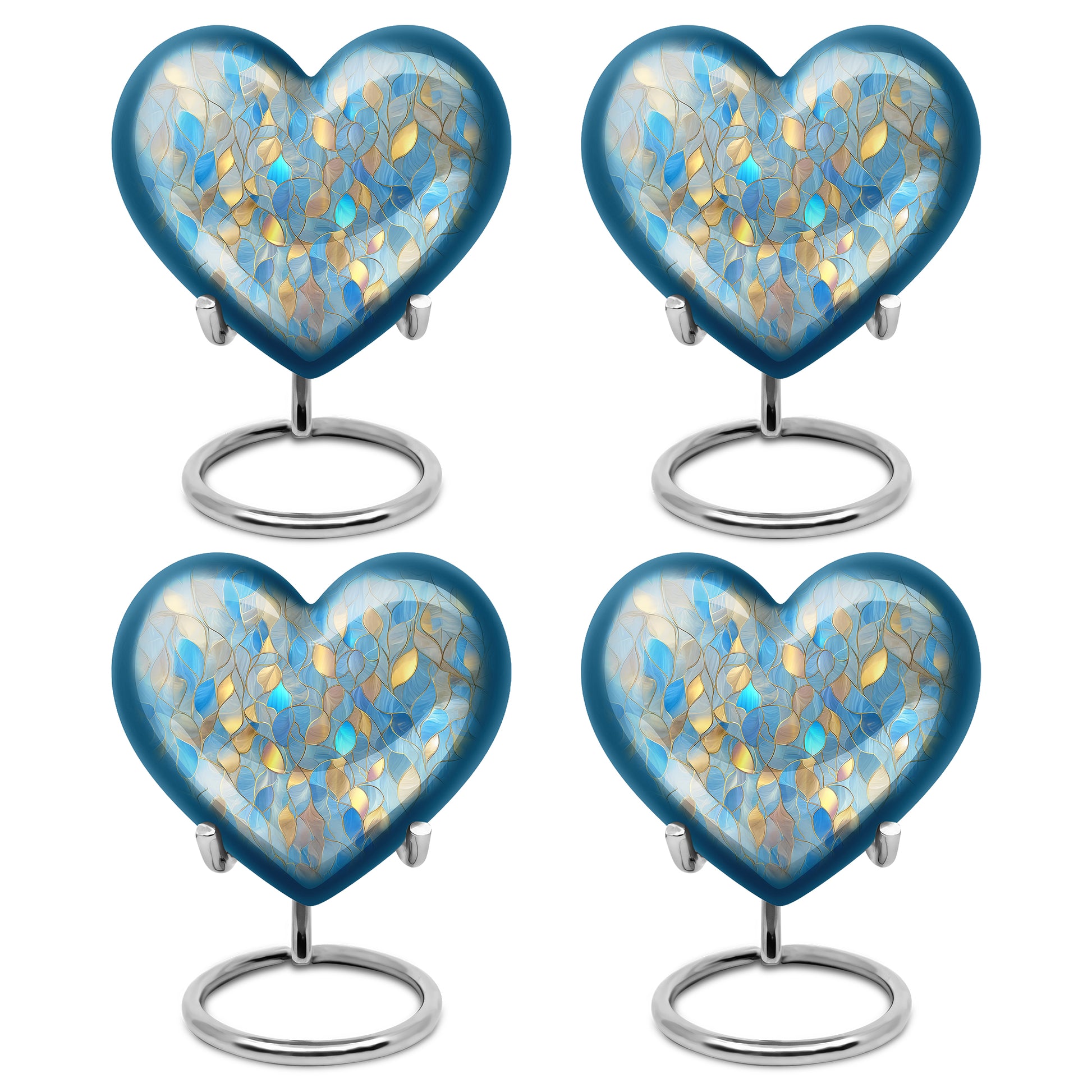 Soft Blue Blue Cremation Urn angled view of lid and engraved motif - compassionate heart-blue combination with gentle curves - 10 inch aluminum urn for cremated remains