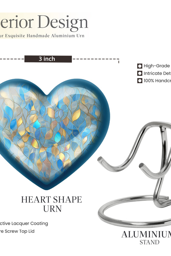 Sky Blue Blue Cremation Urn front view showing detailed design - loving heart memorial featuring blue pattern - mini keepsake memorial for portion of cremation ashes