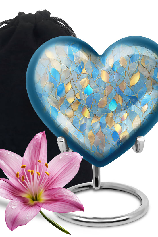 Navy Blue Blue Cremation Urn detail view - loving heart memorial featuring blue pattern - full-size 10 inch 200 cubic inch adult cremation urn