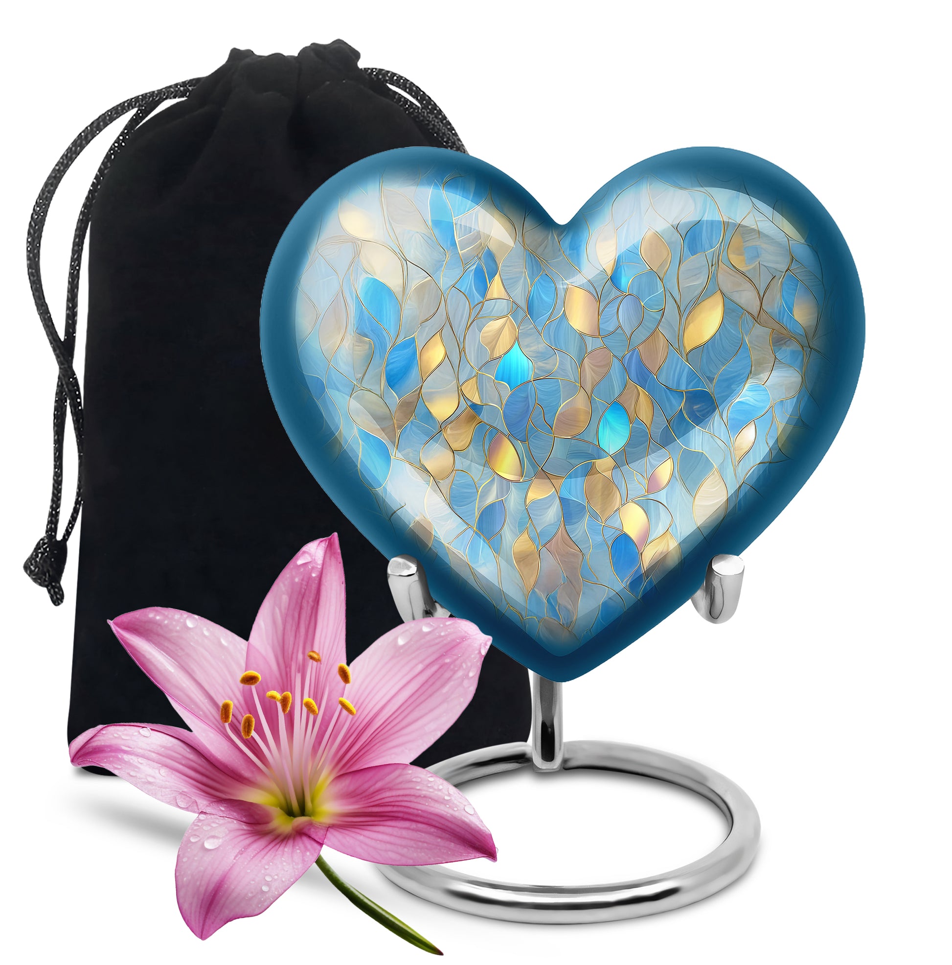Navy Blue Blue Cremation Urn detail view - loving heart memorial featuring blue pattern - full-size 10 inch 200 cubic inch adult cremation urn
