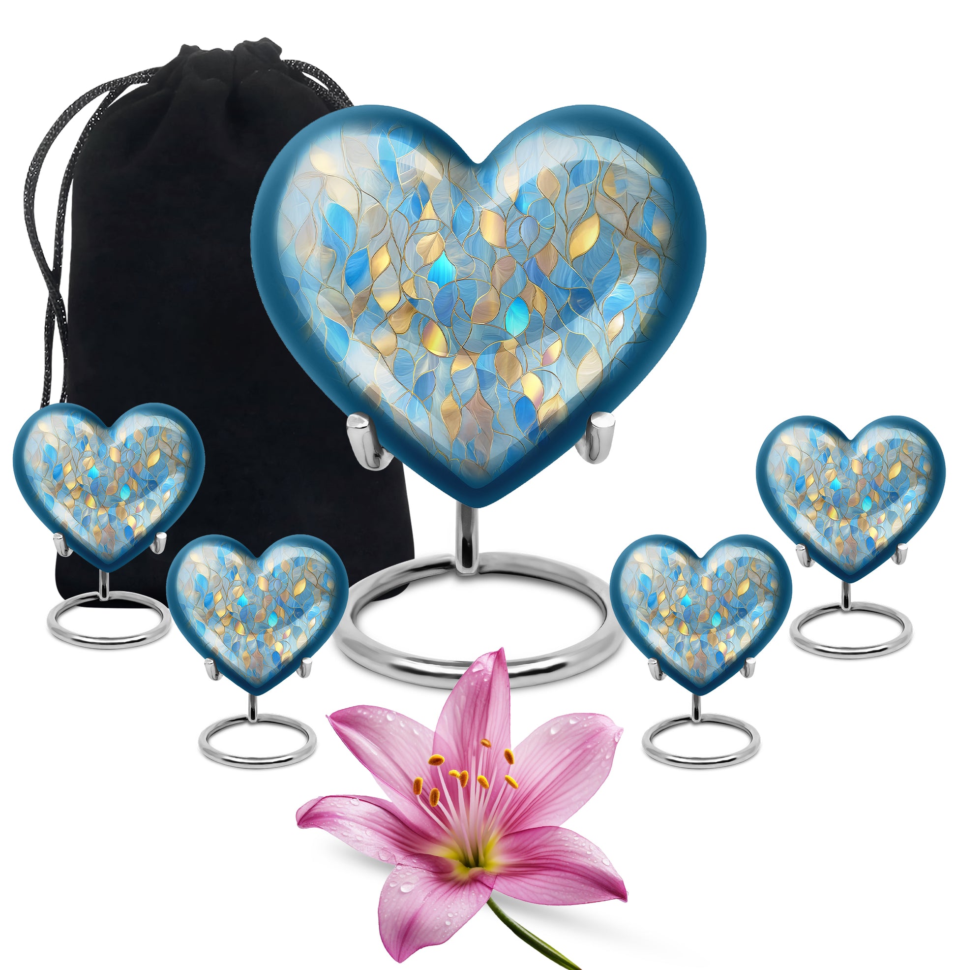 Bright Blue Blue Cremation Urn close-up of engraving and surface detail - romantic heart urn with blue motif on aluminum - memorial set with one large and four small urns