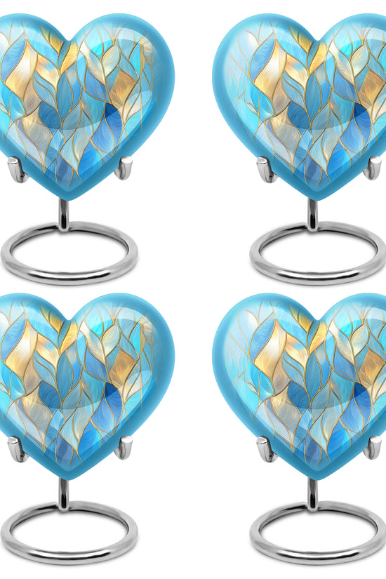 Sky Blue Blue Cremation Urn angled view of lid and engraved motif - loving heart memorial featuring blue pattern - 10 inch aluminum urn for cremated remains