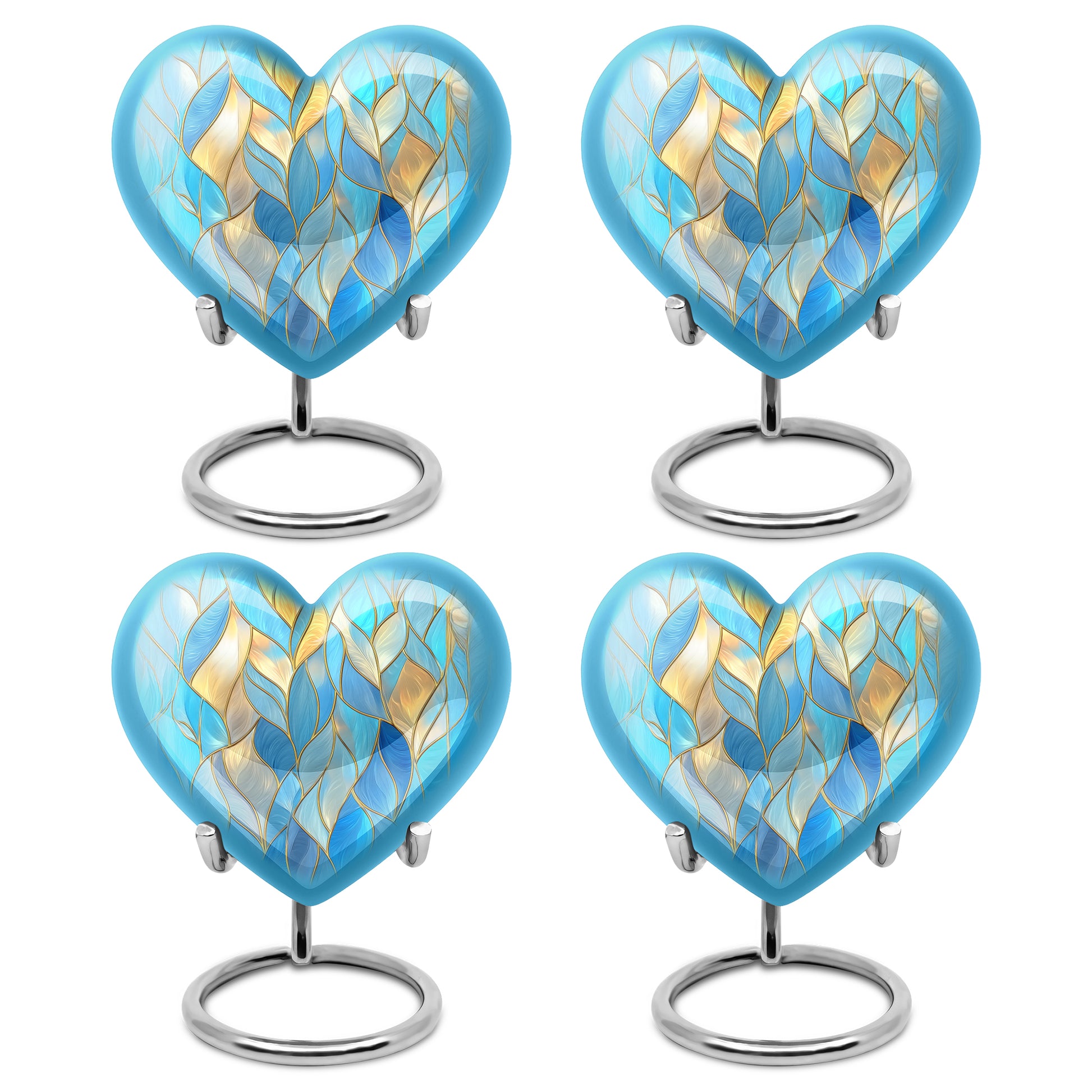 Sky Blue Blue Cremation Urn angled view of lid and engraved motif - loving heart memorial featuring blue pattern - 10 inch aluminum urn for cremated remains