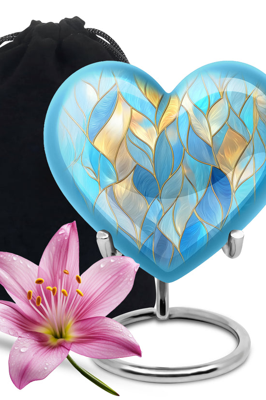 Bright Blue Blue Cremation Urn detail view - compassionate heart-blue combination with gentle curves - full-size 10 inch 200 cubic inch adult cremation urn