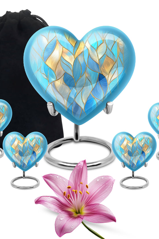 Royal Blue Blue Cremation Urn close-up of engraving and surface detail - compassionate heart-blue combination with gentle curves - memorial set with one large and four small urns