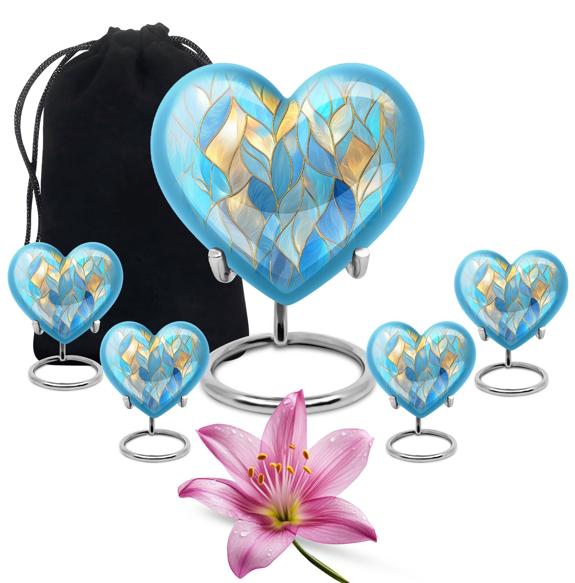 Royal Blue Blue Cremation Urn close-up of engraving and surface detail - compassionate heart-blue combination with gentle curves - memorial set with one large and four small urns
