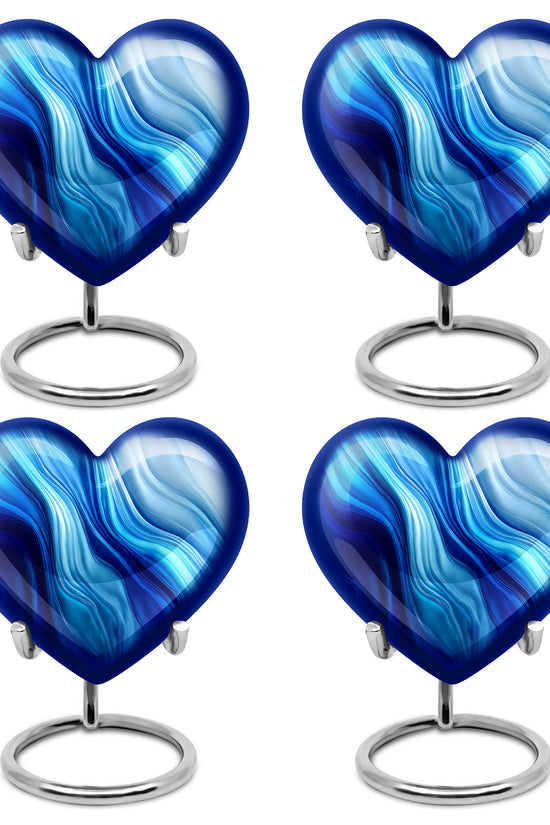 Icy Blue Blue Cremation Urn angled view of lid and engraved motif - loving heart memorial featuring blue pattern - 10 inch aluminum urn for cremated remains