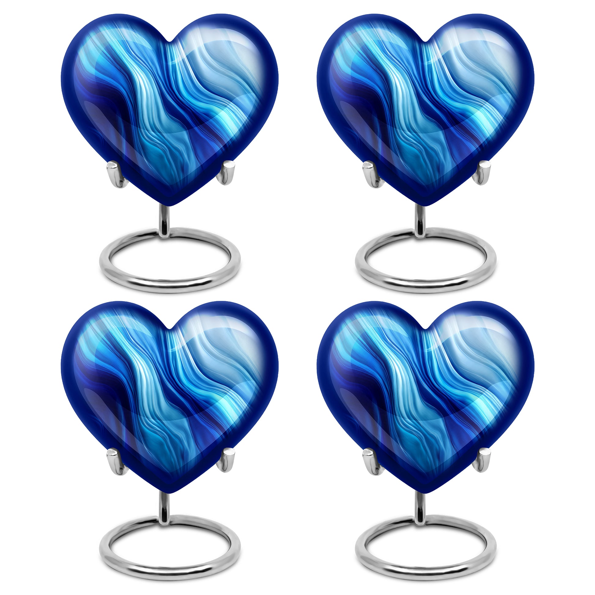 Icy Blue Blue Cremation Urn angled view of lid and engraved motif - loving heart memorial featuring blue pattern - 10 inch aluminum urn for cremated remains