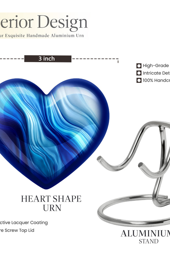 Powder Blue Blue Cremation Urn front view showing detailed design - heart-shaped blue design symbolizing eternal love - mini keepsake memorial for portion of cremation ashes
