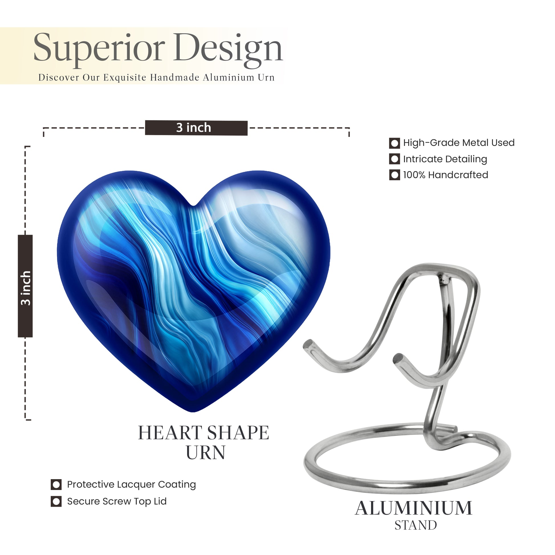 Powder Blue Blue Cremation Urn front view showing detailed design - heart-shaped blue design symbolizing eternal love - mini keepsake memorial for portion of cremation ashes