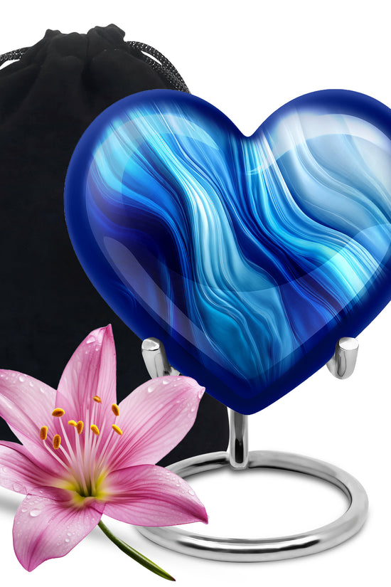 Icy Blue Blue Cremation Urn detail view - heart-shaped blue design symbolizing eternal love - full-size 10 inch 200 cubic inch adult cremation urn