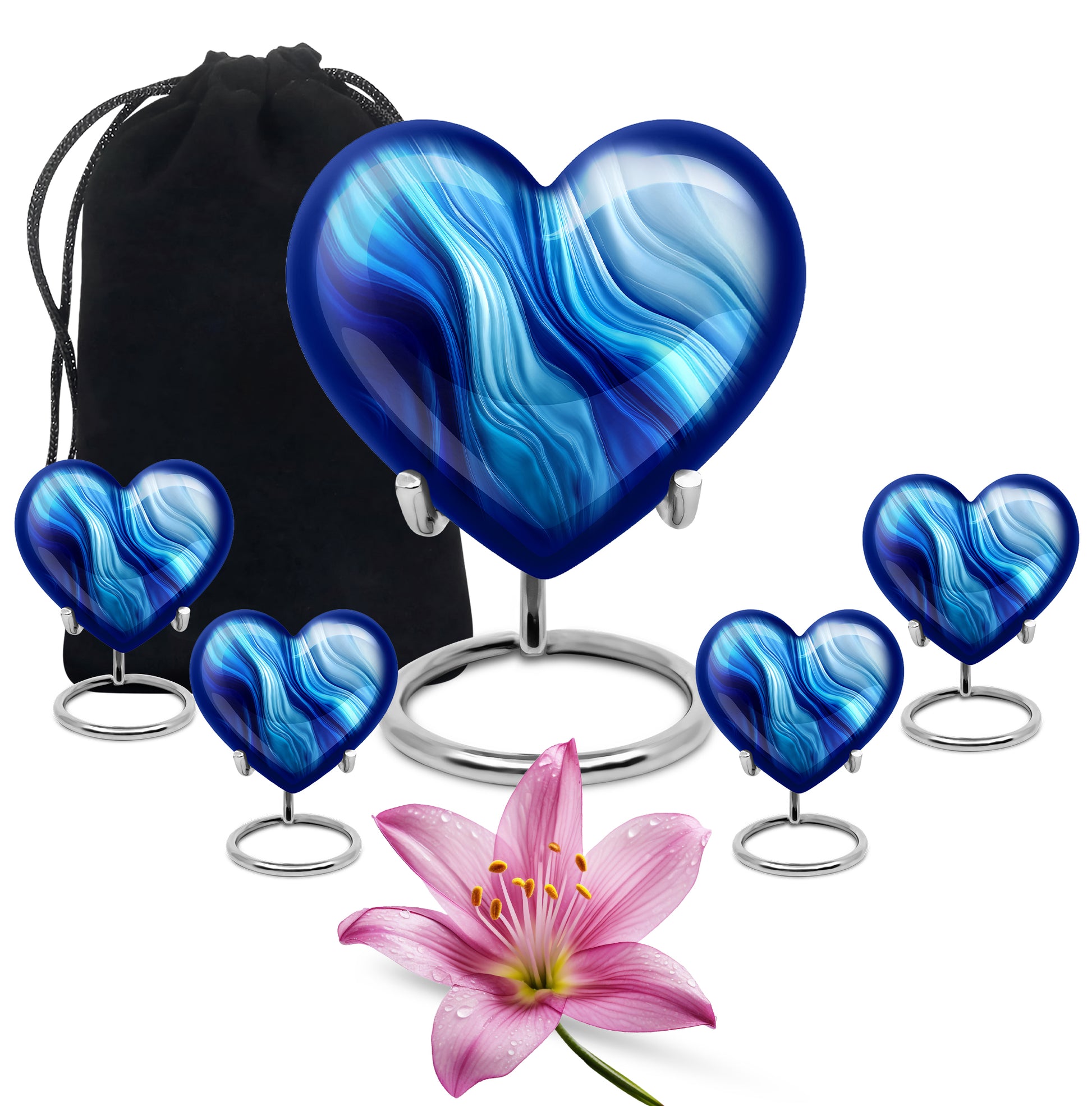Indigo Blue Cremation Urn close-up of engraving and surface detail - loving heart memorial featuring blue pattern - memorial set with one large and four small urns
