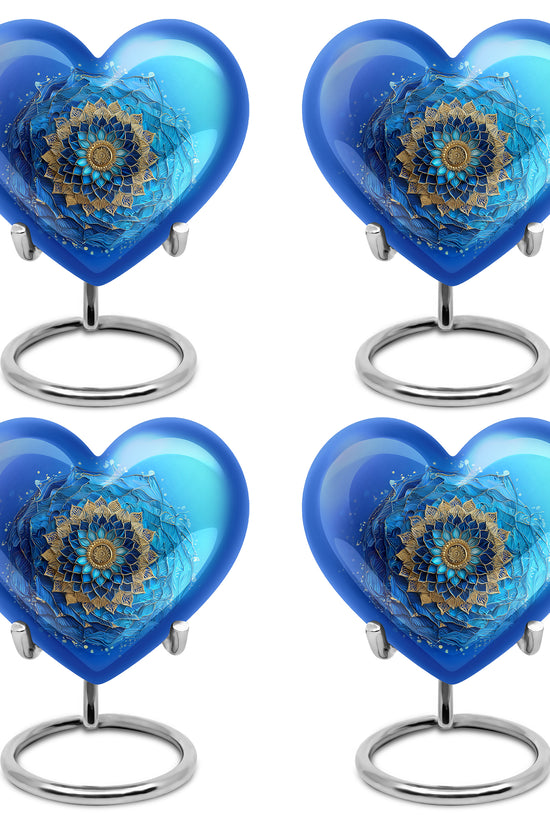 Sea Green Teal Blue Cremation Urn angled view of lid and engraved motif - loving heart memorial featuring blue pattern - 10 inch aluminum urn for cremated remains