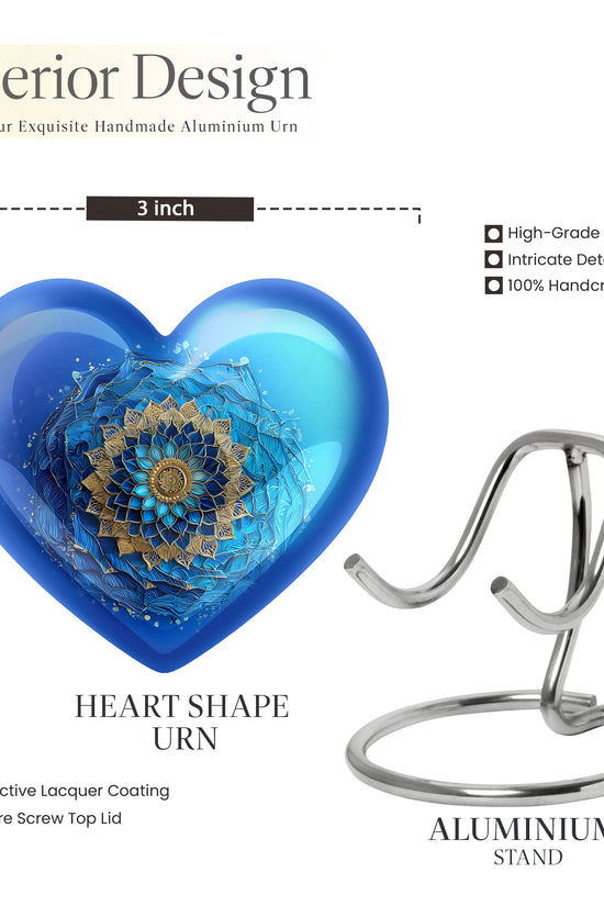 Ocean Teal Blue Cremation Urn front view showing detailed design - heart-shaped blue design symbolizing eternal love - mini keepsake memorial for portion of cremation ashes