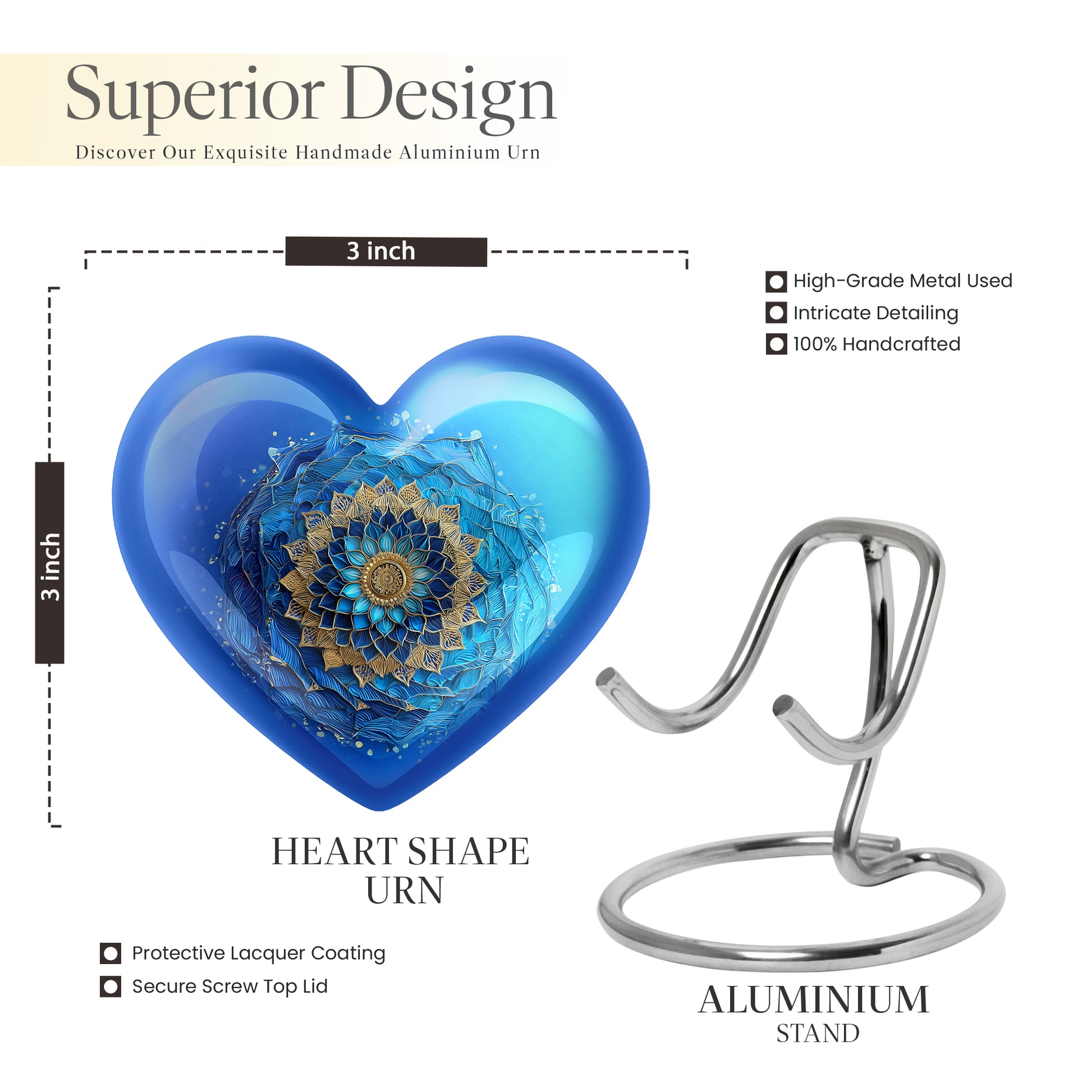 Ocean Teal Blue Cremation Urn front view showing detailed design - heart-shaped blue design symbolizing eternal love - mini keepsake memorial for portion of cremation ashes
