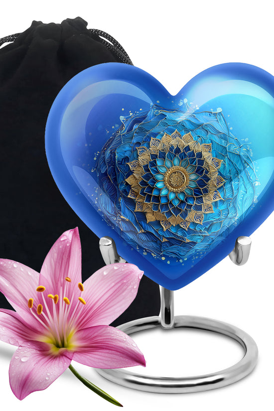 Jewel Teal Blue Cremation Urn detail view - loving heart memorial featuring blue pattern - full-size 10 inch 200 cubic inch adult cremation urn