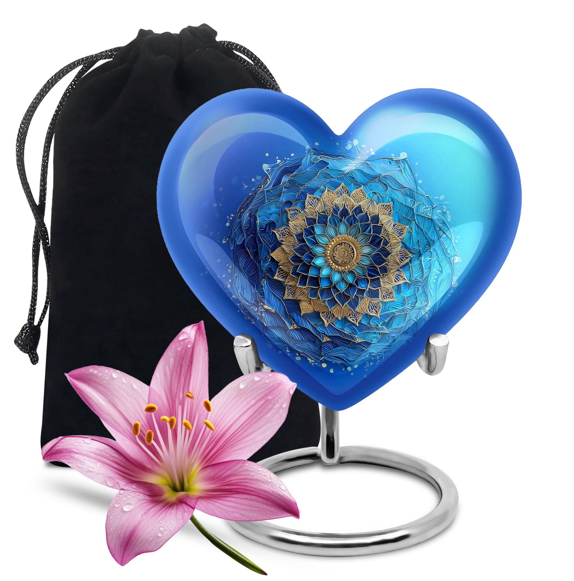 Jewel Teal Blue Cremation Urn detail view - loving heart memorial featuring blue pattern - full-size 10 inch 200 cubic inch adult cremation urn