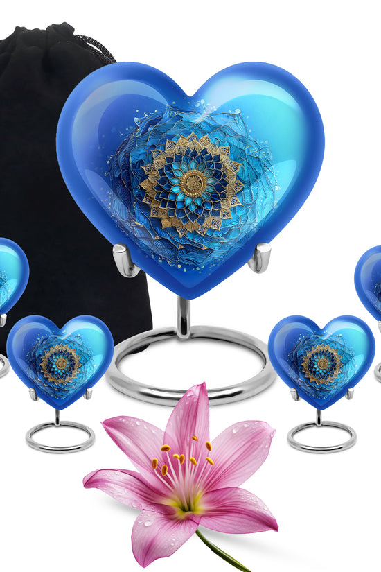 Deep Teal Blue Cremation Urn close-up of engraving and surface detail - compassionate heart-blue combination with gentle curves - memorial set with one large and four small urns