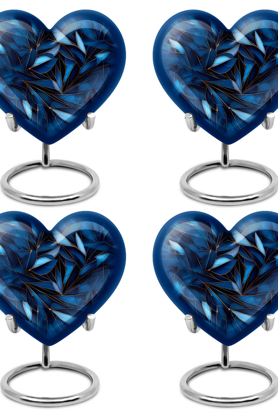 Calming Blue Blue Cremation Urn angled view of lid and engraved motif - romantic heart urn with blue motif on aluminum - 10 inch aluminum urn for cremated remains