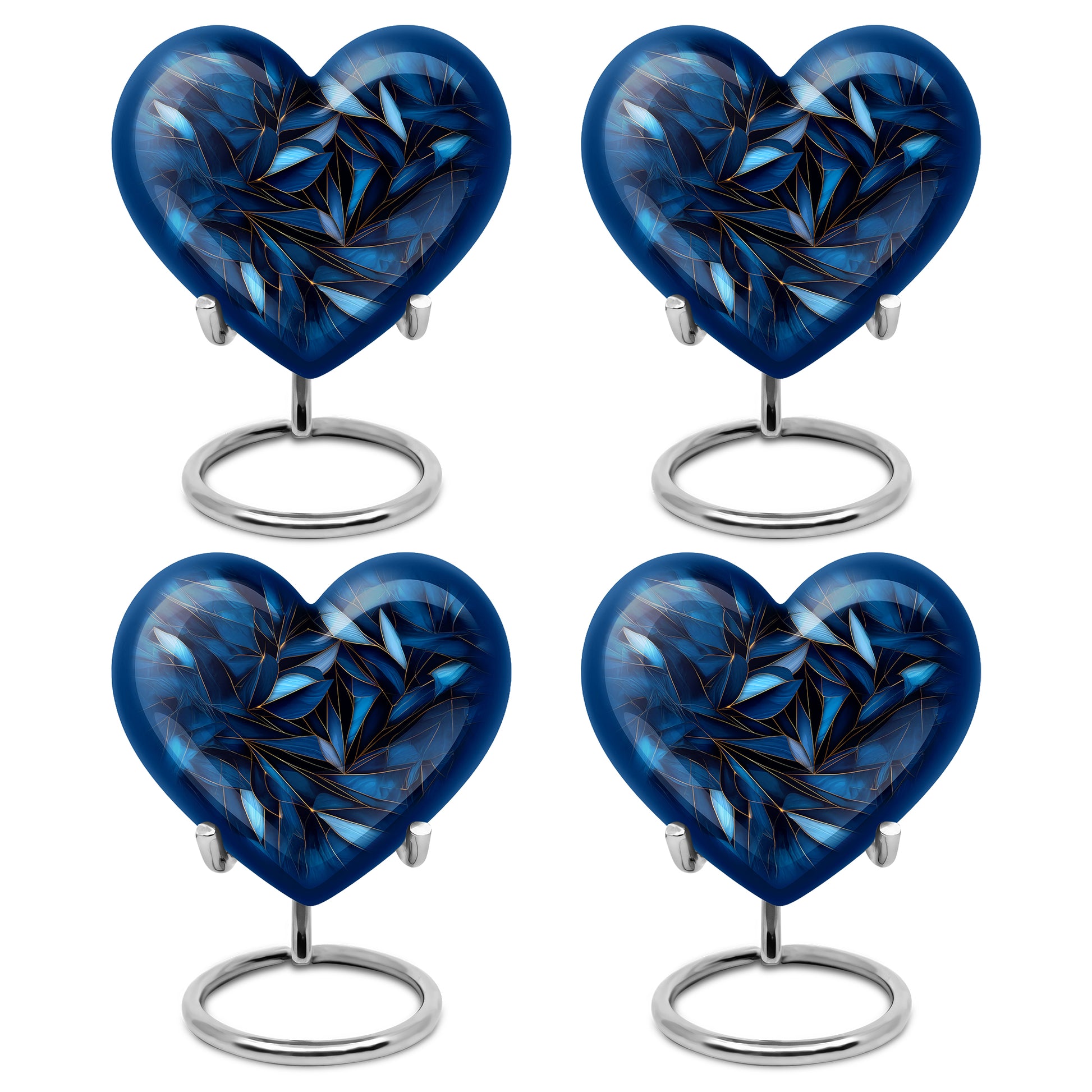 Calming Blue Blue Cremation Urn angled view of lid and engraved motif - romantic heart urn with blue motif on aluminum - 10 inch aluminum urn for cremated remains