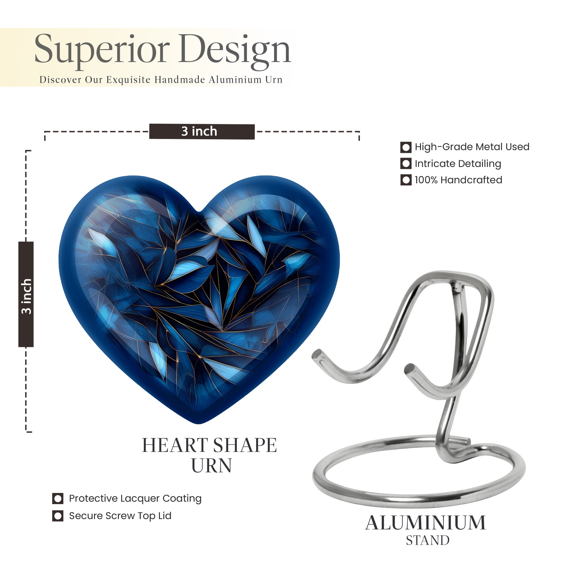 Serene Blue Blue Cremation Urn front view showing detailed design - romantic heart urn with blue motif on aluminum - mini keepsake memorial for portion of cremation ashes