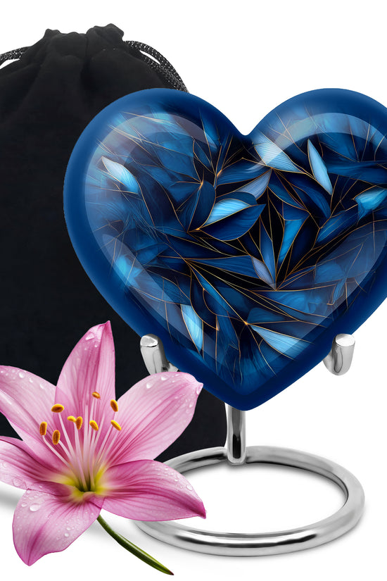 Pastel Blue Blue Cremation Urn detail view - loving heart memorial featuring blue pattern - full-size 10 inch 200 cubic inch adult cremation urn