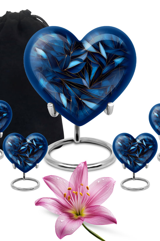 Navy Blue Blue Cremation Urn close-up of engraving and surface detail - loving heart memorial featuring blue pattern - memorial set with one large and four small urns
