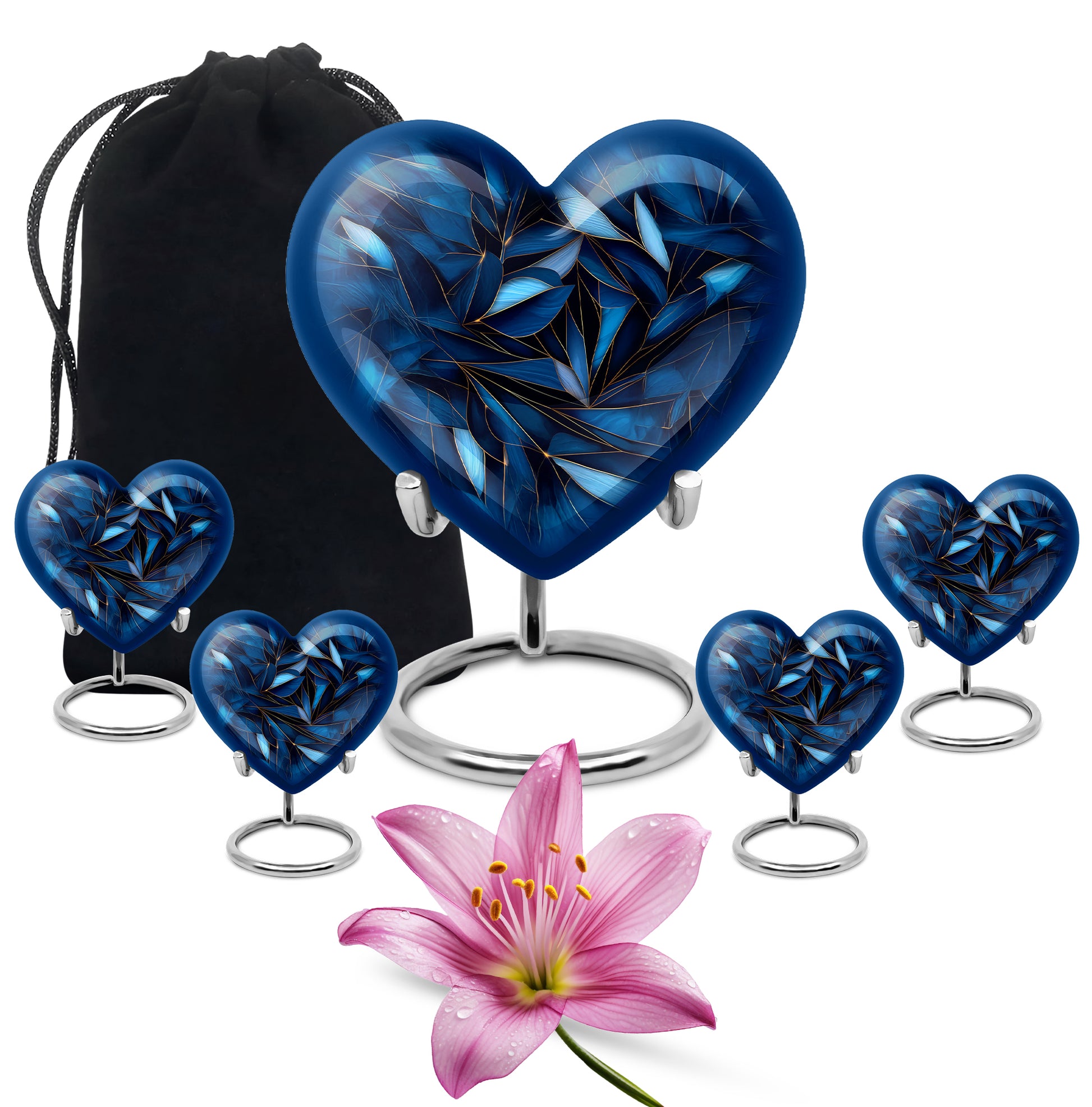 Navy Blue Blue Cremation Urn close-up of engraving and surface detail - loving heart memorial featuring blue pattern - memorial set with one large and four small urns