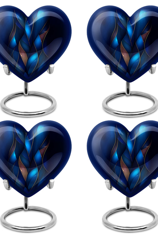 Navy Blue Blue Cremation Urn angled view of lid and engraved motif - heart-shaped blue design symbolizing eternal love - 10 inch aluminum urn for cremated remains