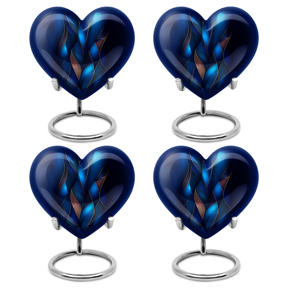 Navy Blue Blue Cremation Urn angled view of lid and engraved motif - heart-shaped blue design symbolizing eternal love - 10 inch aluminum urn for cremated remains