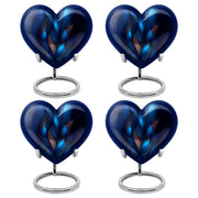Navy Blue Blue Cremation Urn angled view of lid and engraved motif - heart-shaped blue design symbolizing eternal love - 10 inch aluminum urn for cremated remains